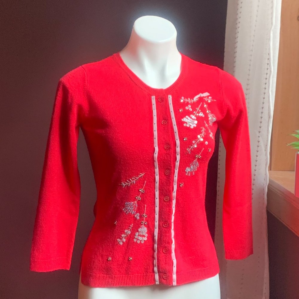 BCBG Max Azria Pink Floral Sequin Cardigan M